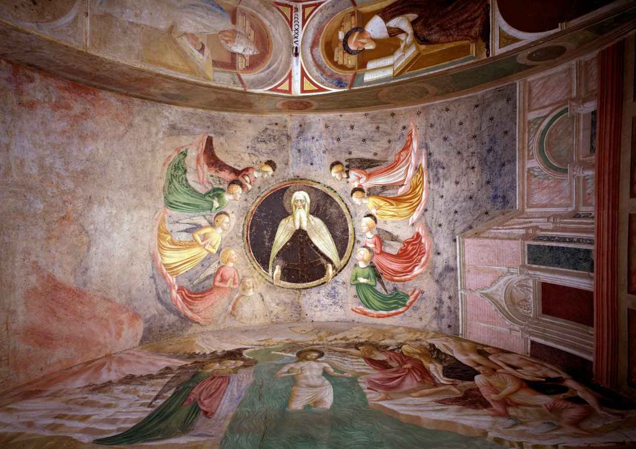 Ciclo de vida de San Juan Bautista: Dios Padre rodea a los ángeles, el bautismo de Cristo y San Jerónimo en su estudio de Tommaso Masolino da Panicale