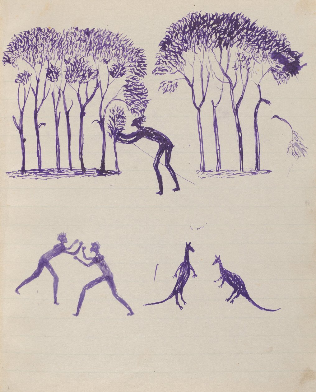 Kwatkwat - (Aborigen escondido en los árboles; pelea; canguros peleando) Cuaderno de bocetos principalmente de actividades de aborígenes... de Tommy McRae