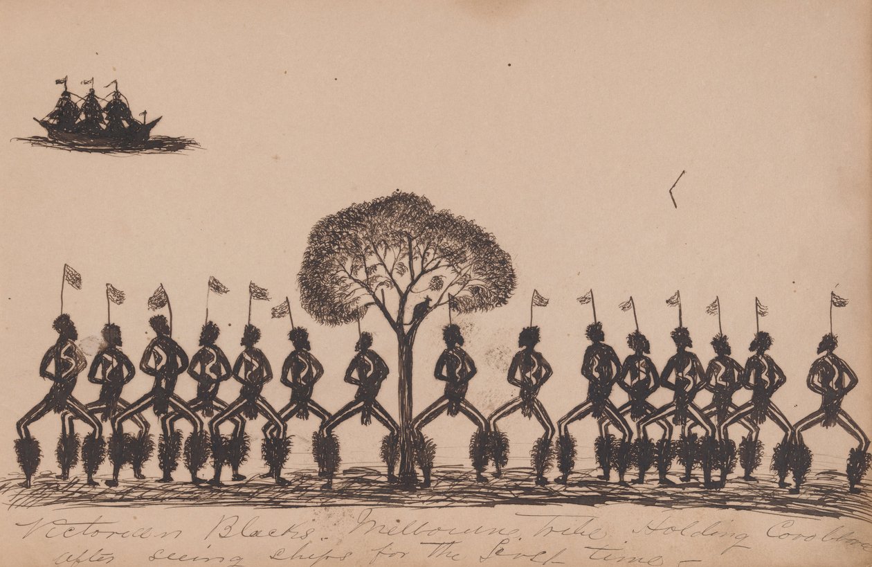 Kwatkwat - Corroboree de la tribu de Melbourne después de ver barcos por primera vez de Tommy McRae
