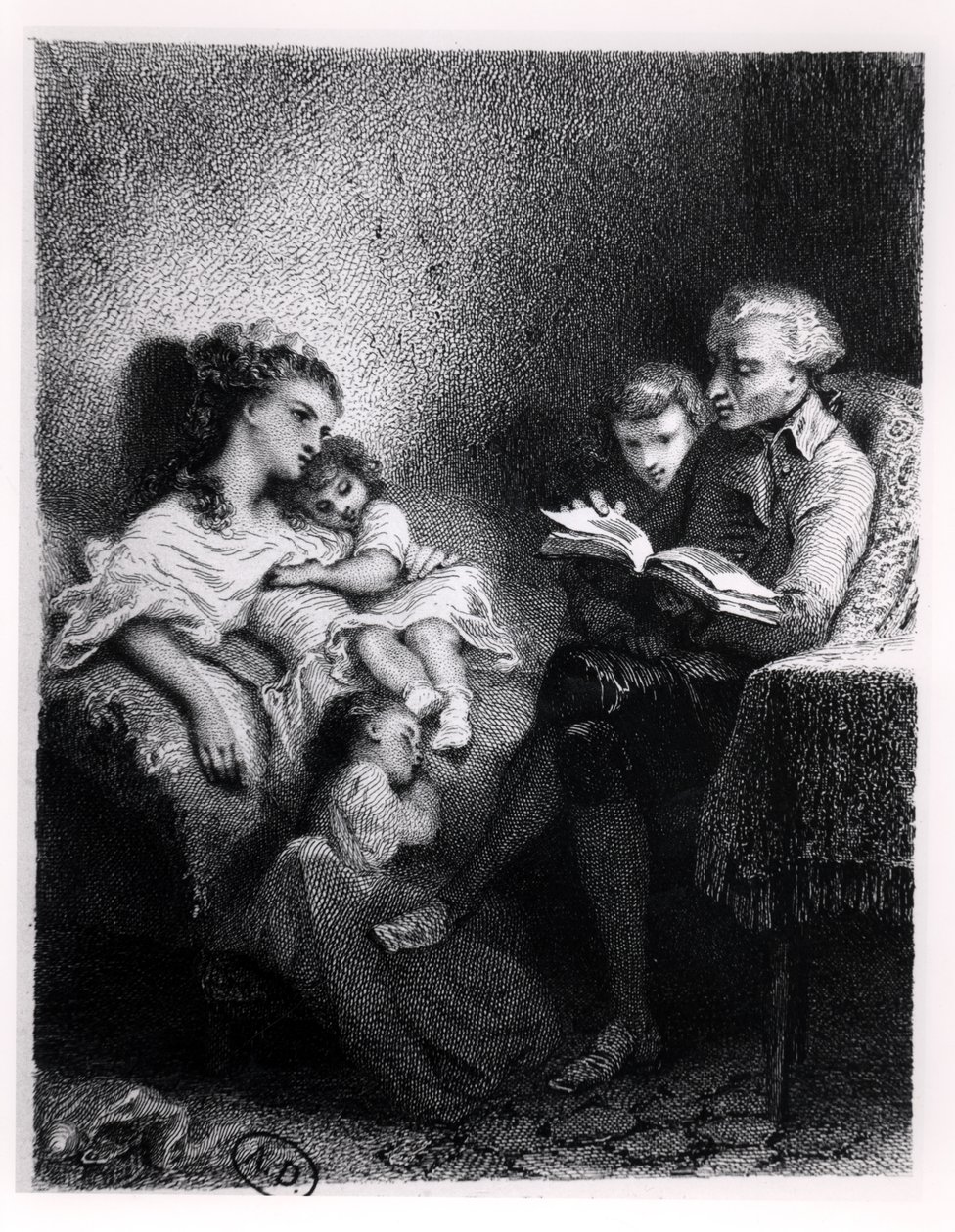 Alphonse de Lamartine (1792-1869) leyendo a su familia de Tony Johannot