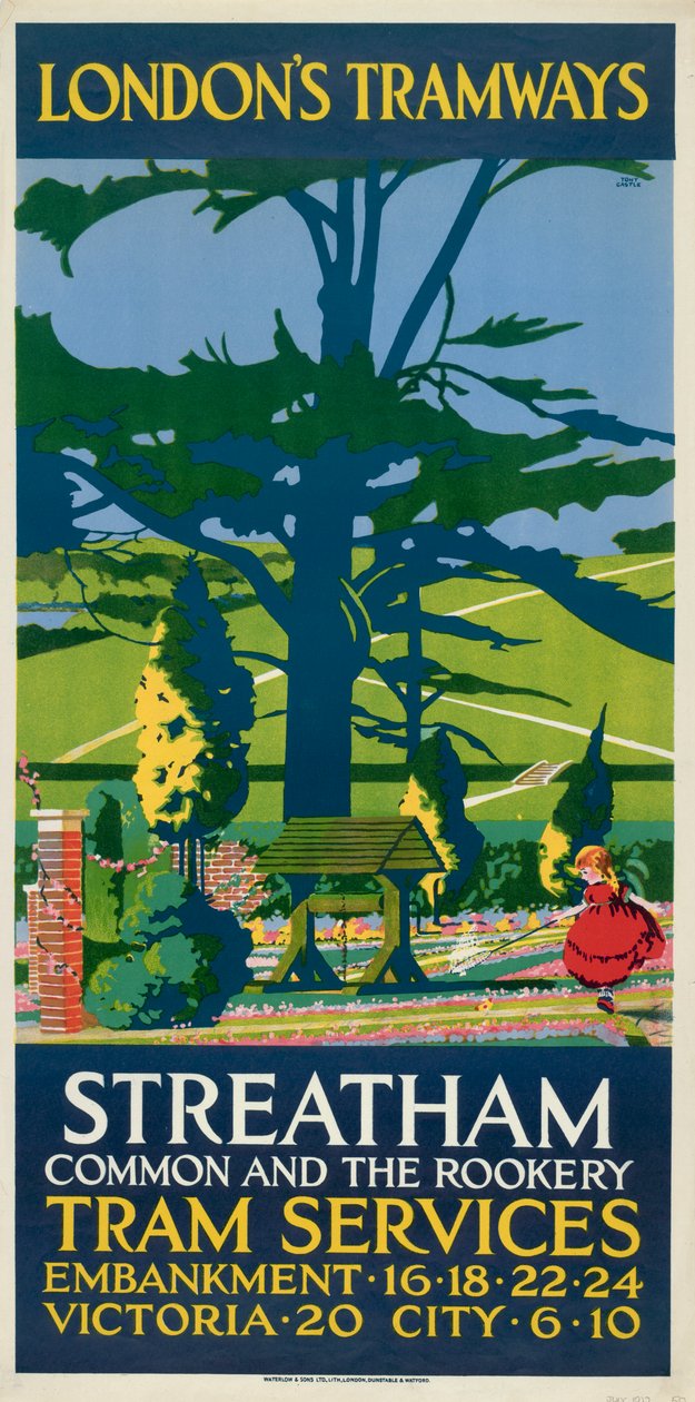 Streatham Common y The Rookery, cartel de tranvías del Consejo del Condado de Londres LCC, 1927 de Tony Castle