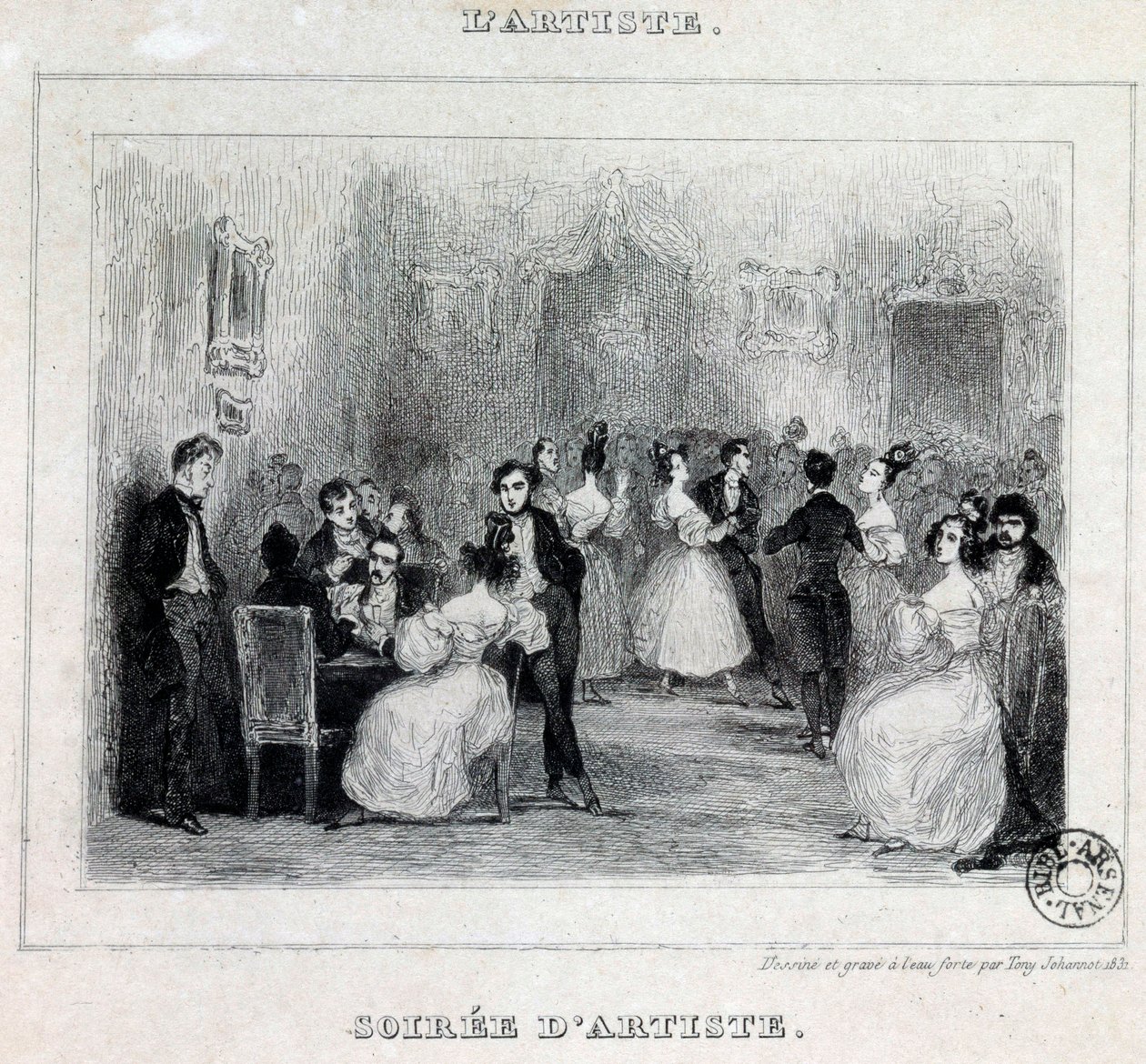 Una noche de artista: baile y juegos de cartas durante una velada burguesa. Dibujo de Antoine Johannot, conocido como Tony Johannot (1803-1852) 1831 París, Biblioteca de l