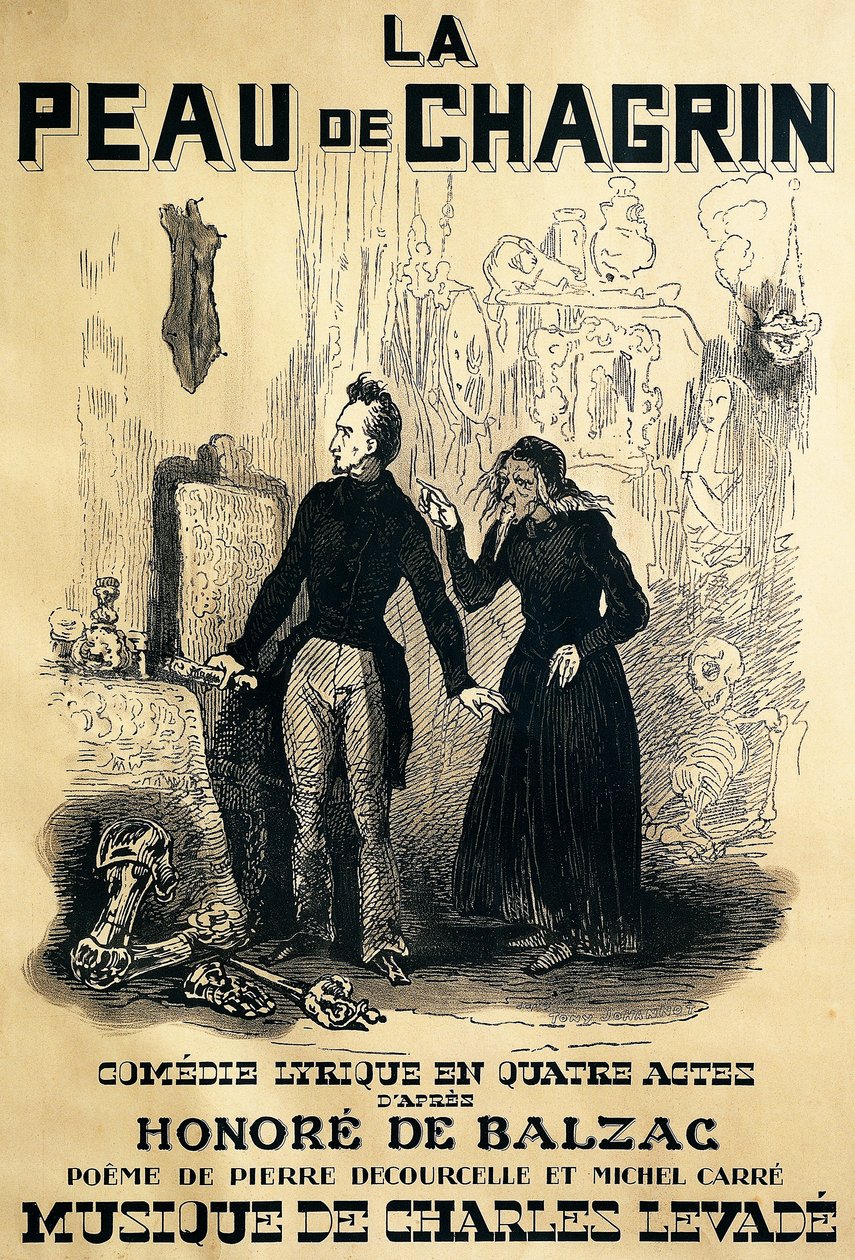 Póster de Le peau de chagrin, ópera cómica, libreto de Pierre Decourcelle y Michel Carre, música de Charles Levade, de la novela de Honoré De Balzac, dibujo de Tony Johannot de Tony Johannot