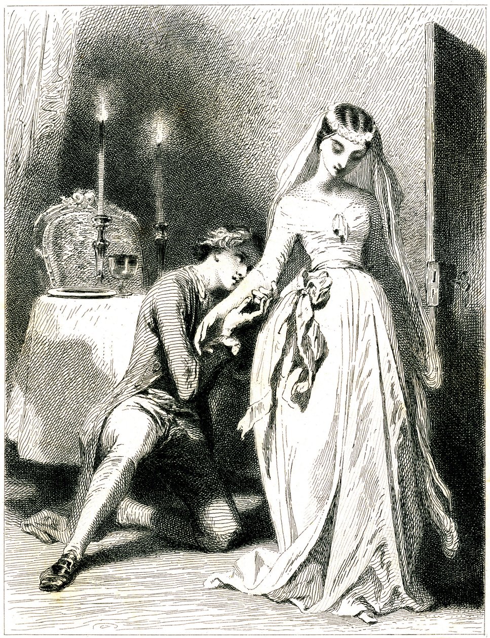 Amante suspirando arrodillado a los pies de su bello compromiso en un interior a la luz de las velas - chica con vestido y peinado románticos - grabado (aguafuerte 1845) de Tony Johannot (Antoine Johannot dit de Tony Johannot