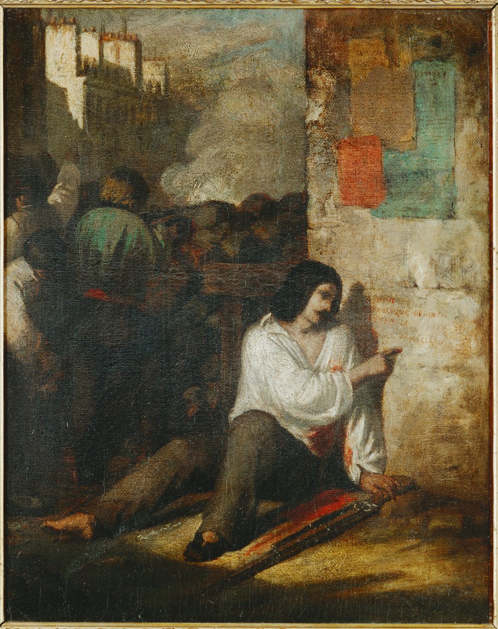La barricada de 1848, también llamada El revolucionario herido ... (pintura sobre lienzo) de Tony Johannot