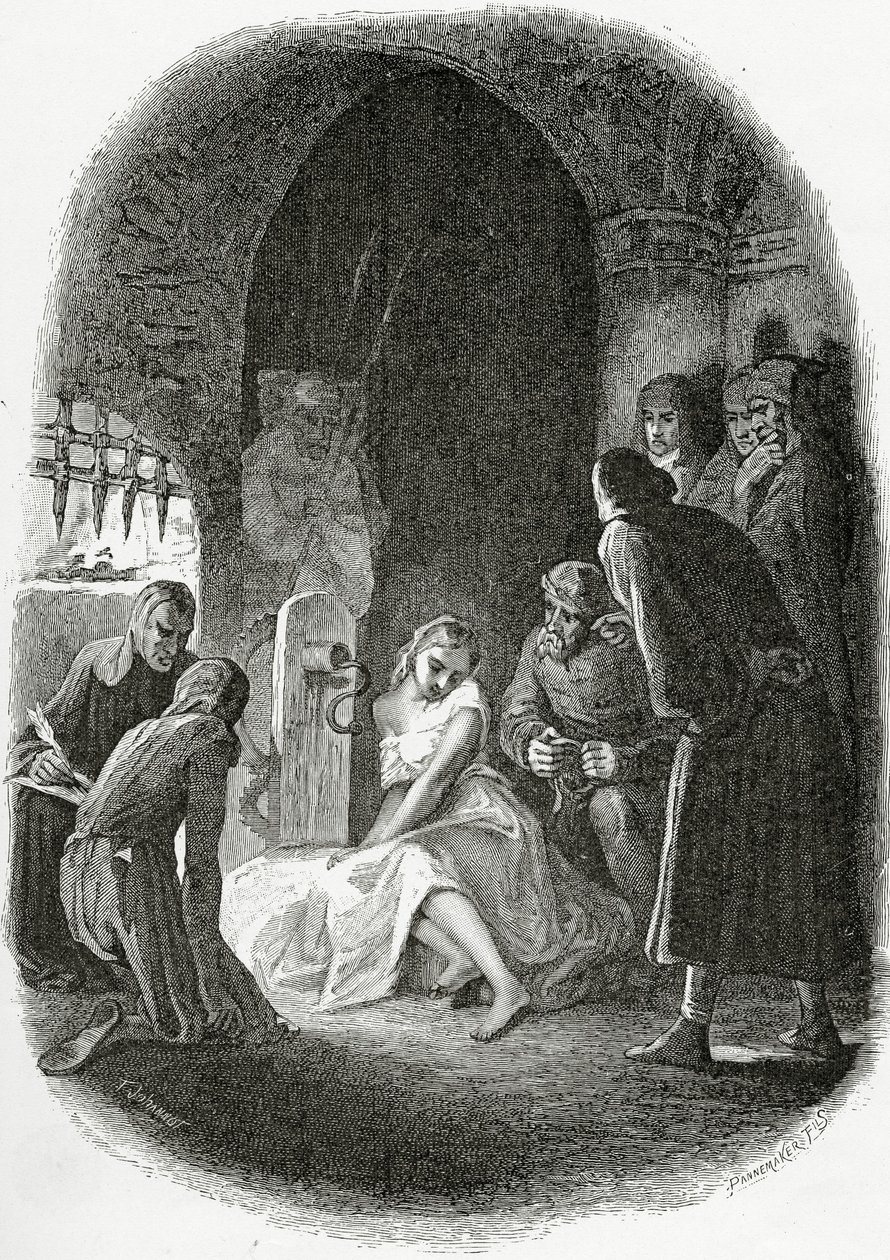 La interrogación de Esmeralda - ilustración de Notre Dame de París, siglo XIX (grabado en blanco y negro) de Tony Johannot