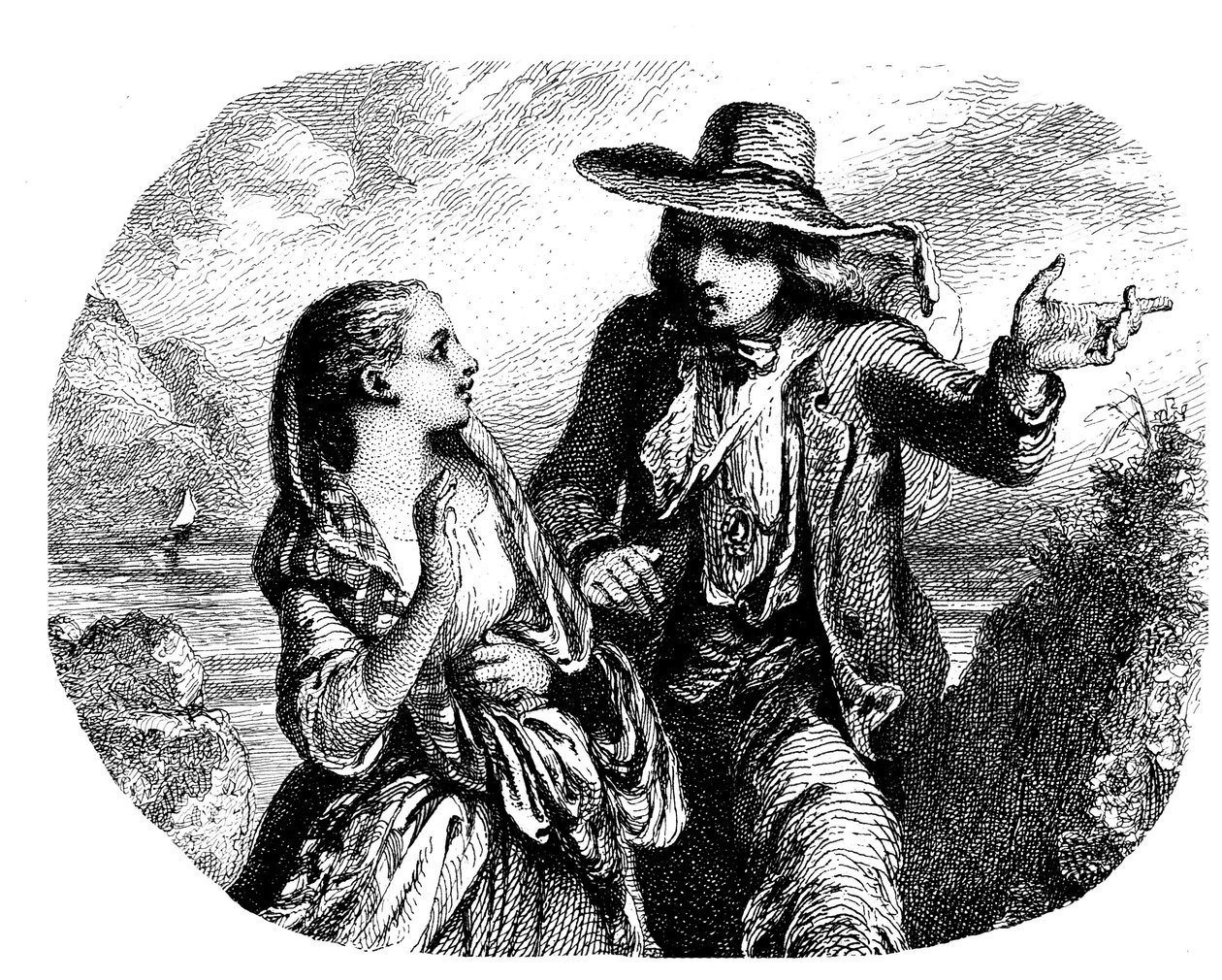 Dos amantes junto al agua (río - lago - mar) con un barco (velero - velero) a lo lejos - aguafuerte (detalle) de Tony Johannot (Antoine Johannot dijo de Tony Johannot