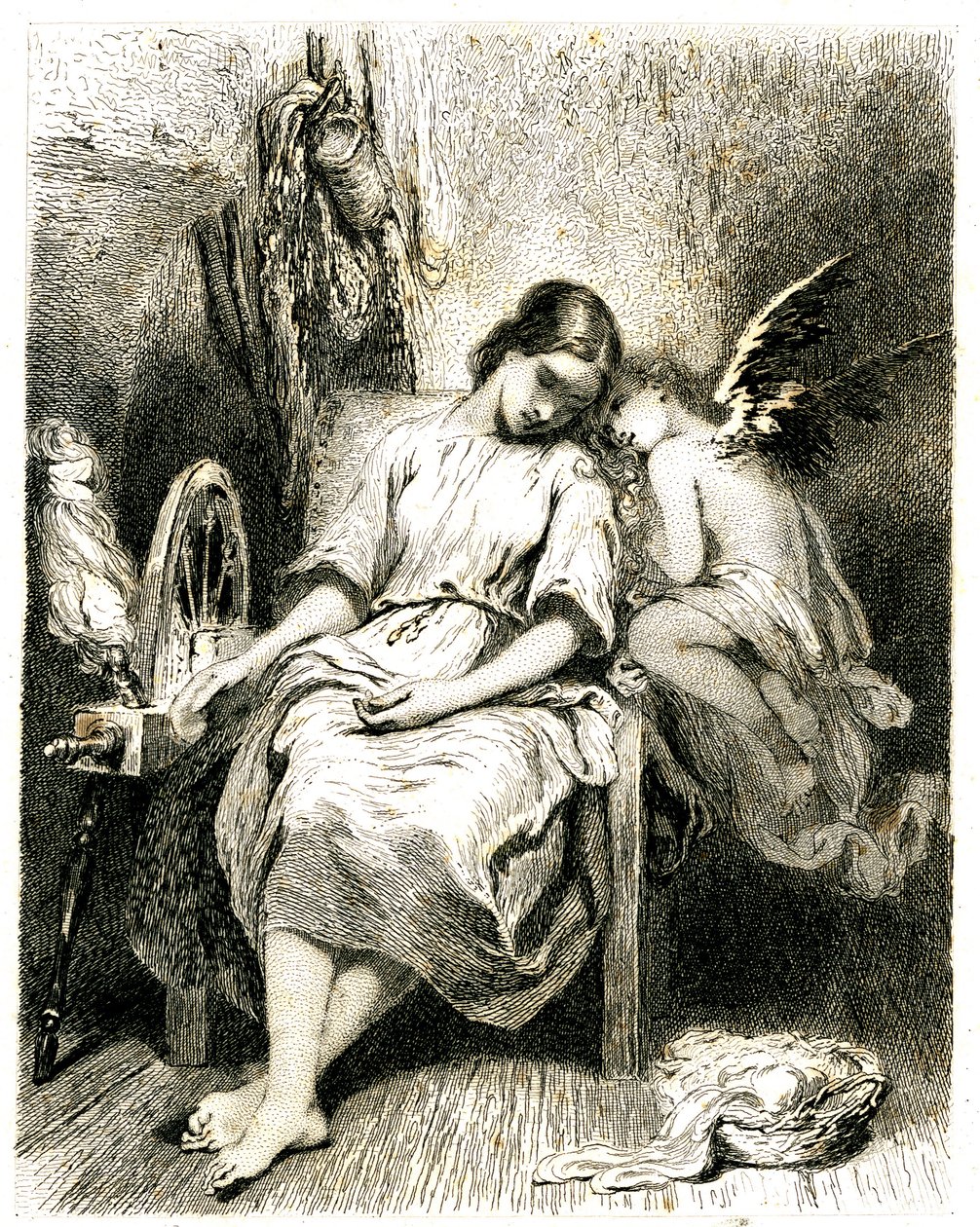 Mujer joven (hilandera) durmiendo junto a su rueda - un angelot se inclina sobre su hombro - sueño - ensueño - amor - grabado (aguafuerte 1845) de Tony Johannot (Antoine Johannot dit de Tony Johannot