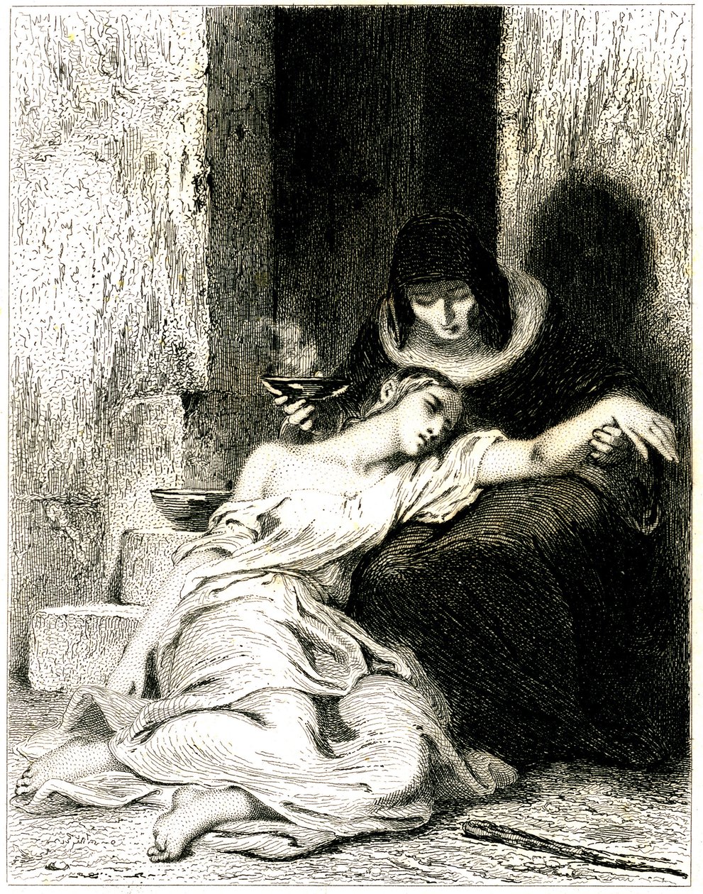 Mujer joven visiblemente sufriendo (enferma) arrodillada sobre las rodillas de una mujer mayor que le hace tomar una poción (medicina) - aguafuerte (aguafuerte) de Tony Johannot (Antoine Johannot dit de Tony Johannot