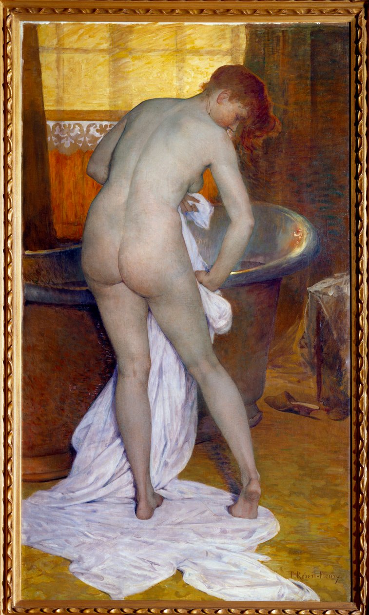 El baño. Escena en un baño: una mujer sale de la bañera y se seca el cuerpo desnudo con una toalla de Tony Robert Fleury