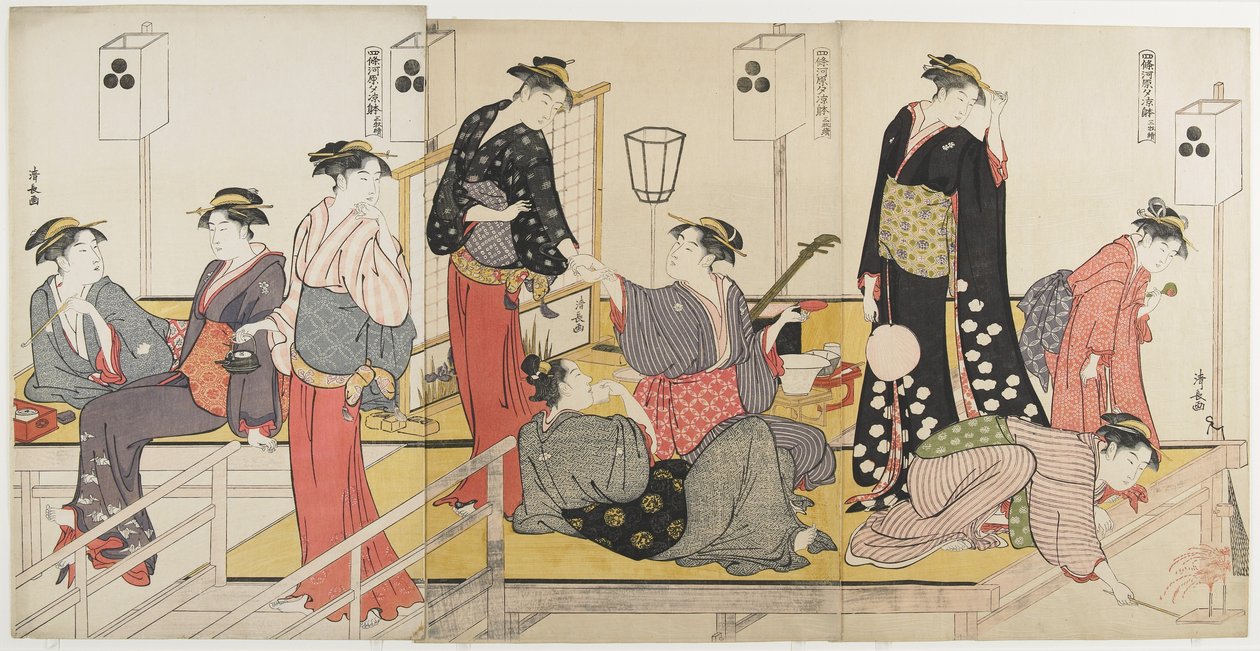Tríptico de refrescarse en la tarde en la ribera del río Shijo, 1784 de Torii Kiyonaga