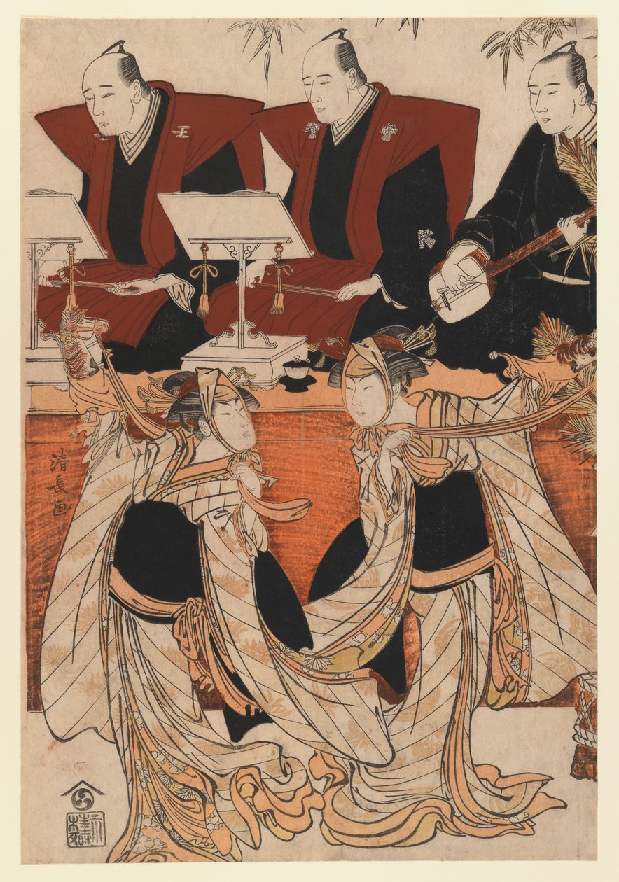 Dos actores como Iwai Hanshiro IV y Segawa Kikunojo III en la danza Karukoma, acompañados por recitación de Joruri, c.1783 de Torii Kiyonaga