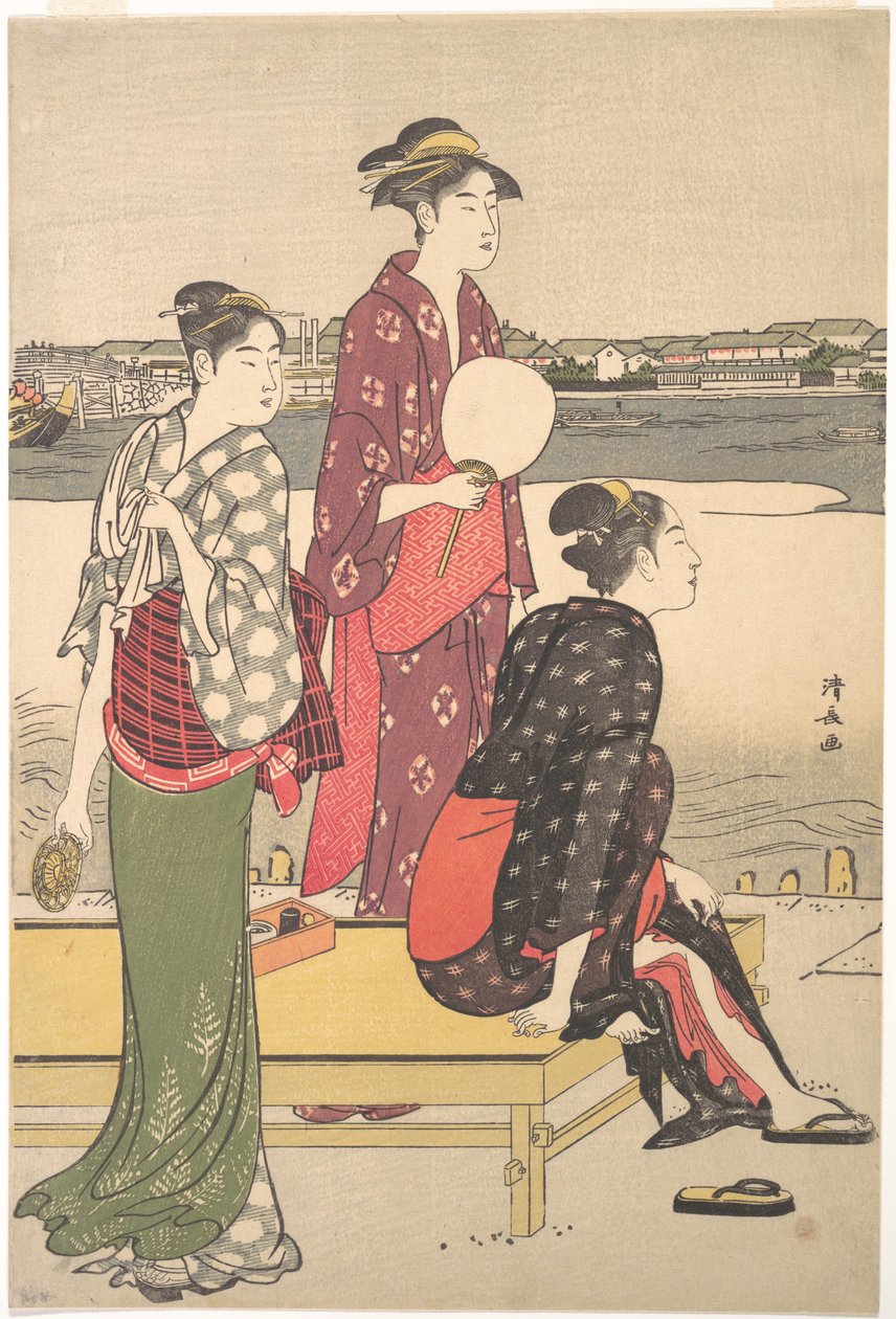 Impresión a todo color de ukiyo-e de tres bellezas por Torii Kiyonaga de Torii Kiyonaga