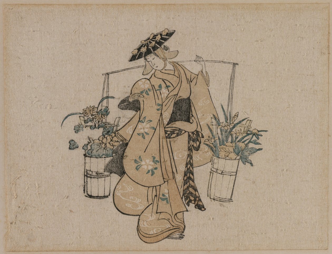 Una belleza llevando dos cubos de flores de Torii Kiyomasu