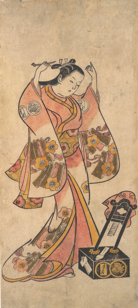 Sanjo Kantaro como una mujer arreglando su cabello frente a un espejo de laca, antes de 1763 de Torii Kiyomasu II.