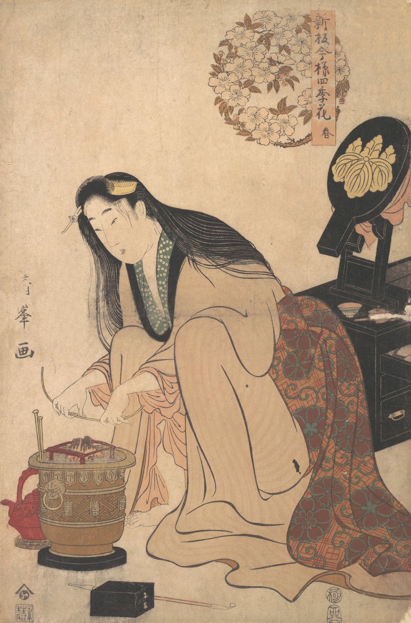 Dama arreglando el soporte de Binsashi para el cabello sobre las sienes para poner en su cabello, ca. 1808 de Torii Kiyomine