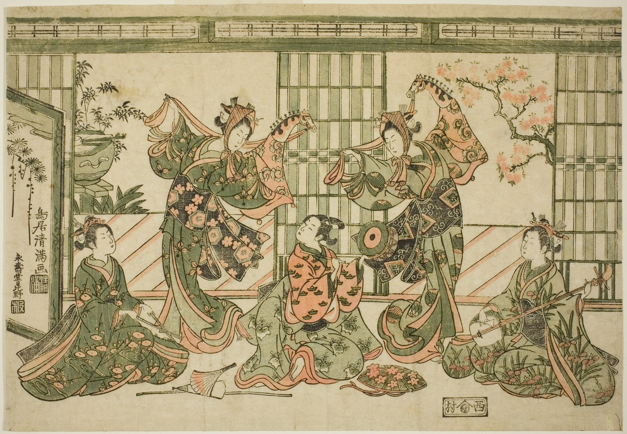 Animadores bailando la danza del caballo aficionado de Torii Kiyomitsu I