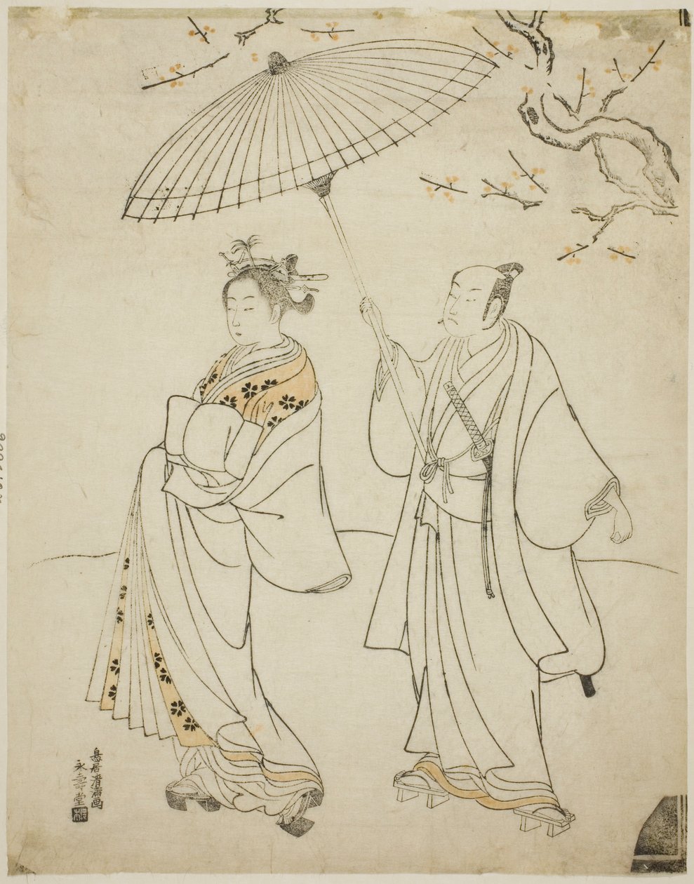 Los actores Ichikawa Komazo I (izq.) y Nakamura Matsue I (der.) de Torii Kiyomitsu I