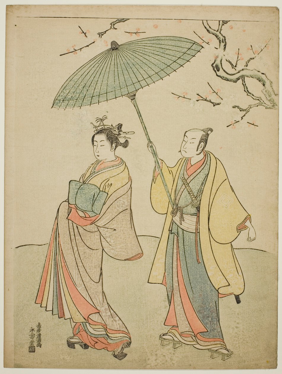 Los actores Ichikawa Komazo I (izq.) y Nakamura Matsue I (der.) de Torii Kiyomitsu I