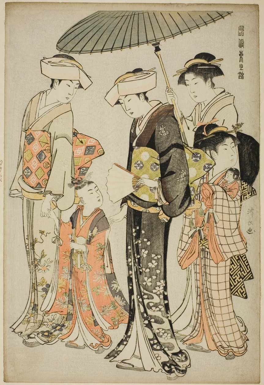 Una chica y cuatro sirvientes, de la serie "Un brocado de modales orientales (Fuzoku Azuma no nishiki)" de Torii Kiyonaga