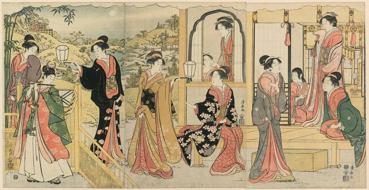 Una versión moderna de Ushiwakamaru serenateando a la princesa Joruri de Torii Kiyonaga