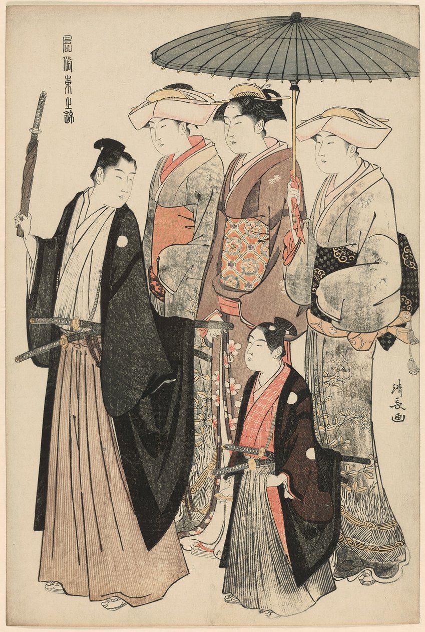 Un joven noble, su madre y tres sirvientes, de la serie "Un brocado de modales orientales (Fuzoku Azuma no nishiki)" de Torii Kiyonaga