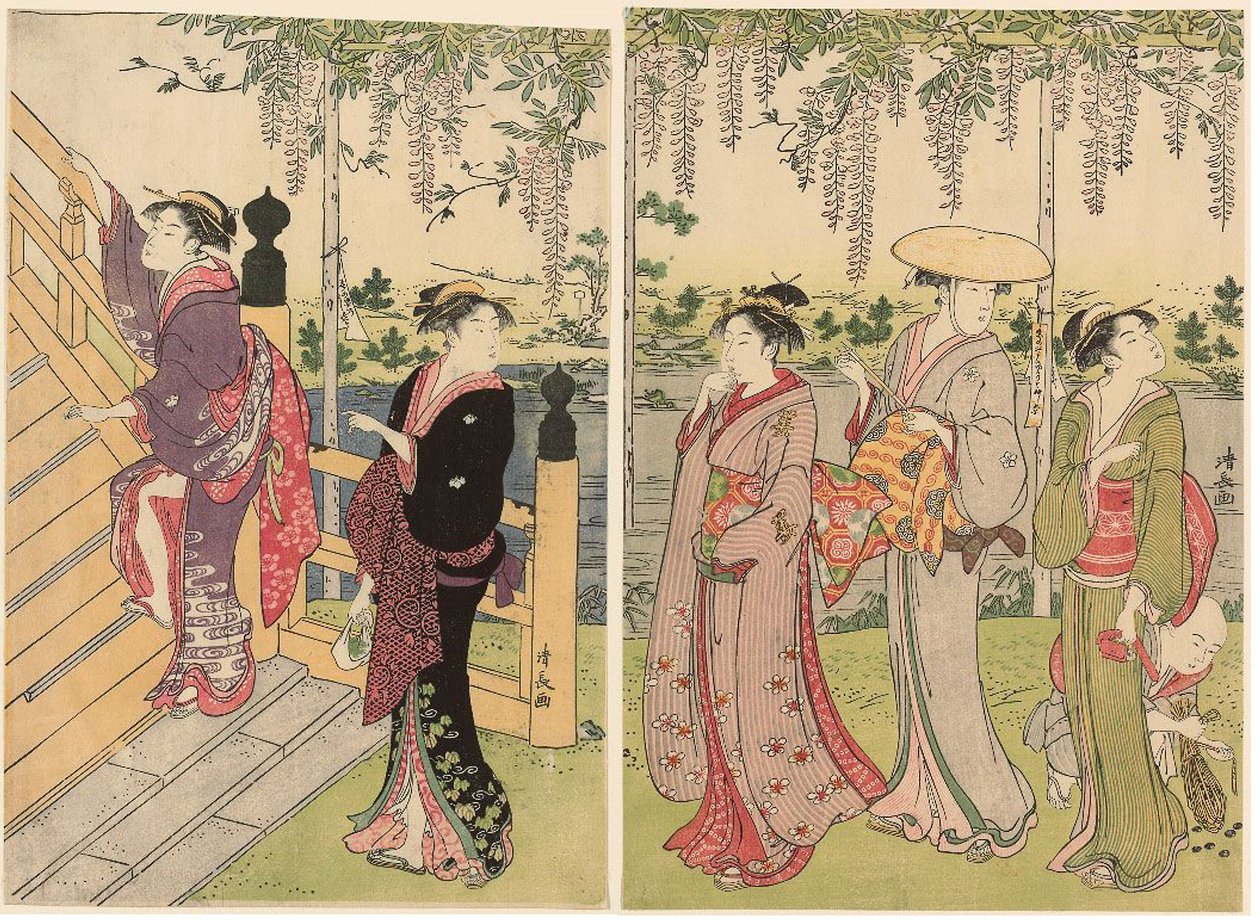 Admirando las glicinas en el Santuario de Kameido de Torii Kiyonaga