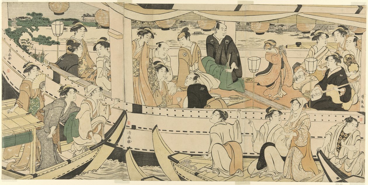 Fiesta de actores en barco por el río Sumida de Torii Kiyonaga