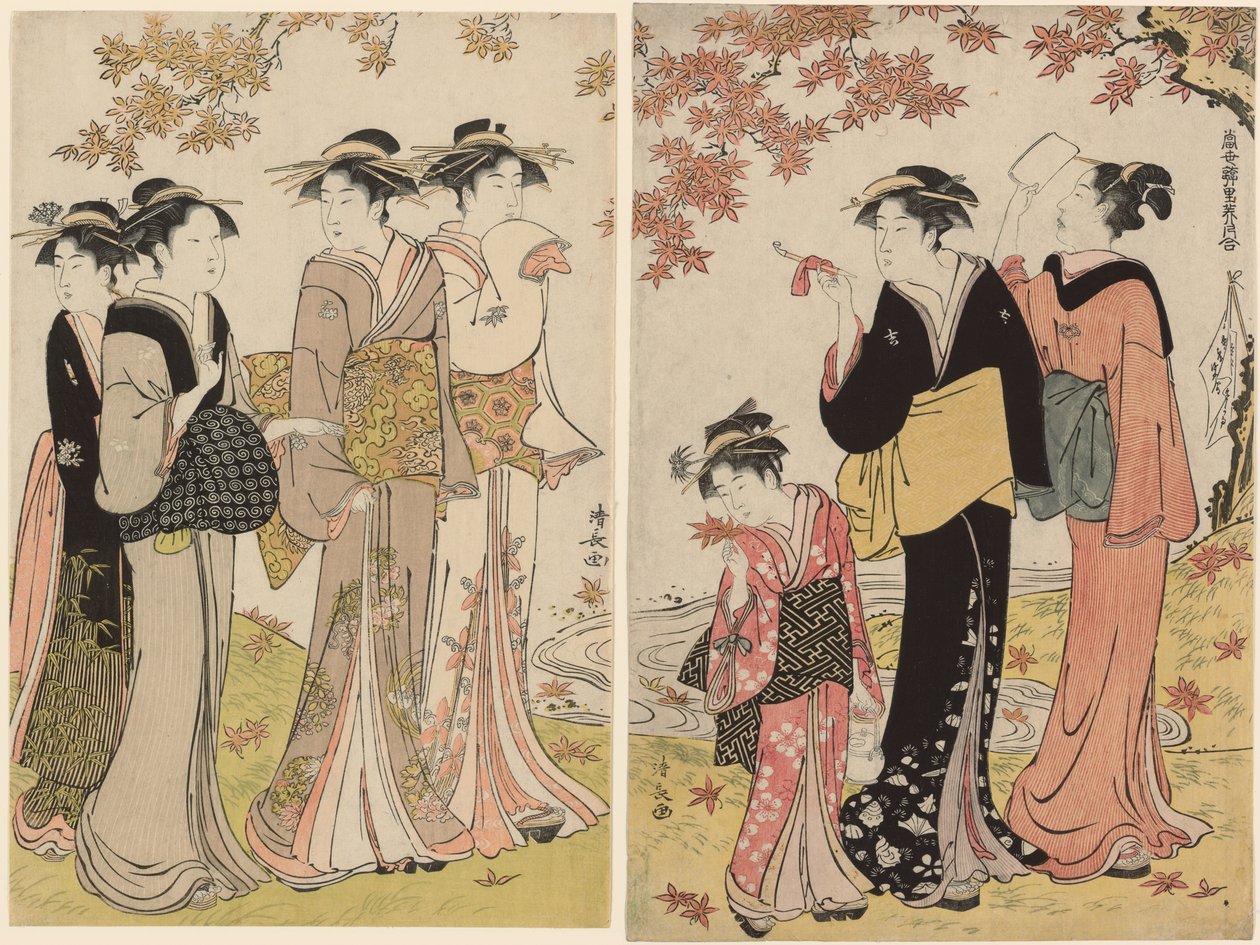 Bellezas bajo un arce, de la serie "Una colección de bellezas contemporáneas de los barrios de placer (Tosei yuri bijin awase)" de Torii Kiyonaga