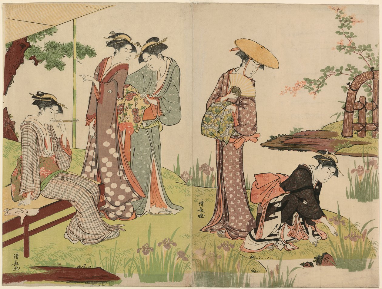 Junto a un estanque de lirios de Torii Kiyonaga