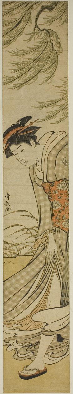 Cortesana caminando bajo un sauce en un día ventoso de Torii Kiyonaga