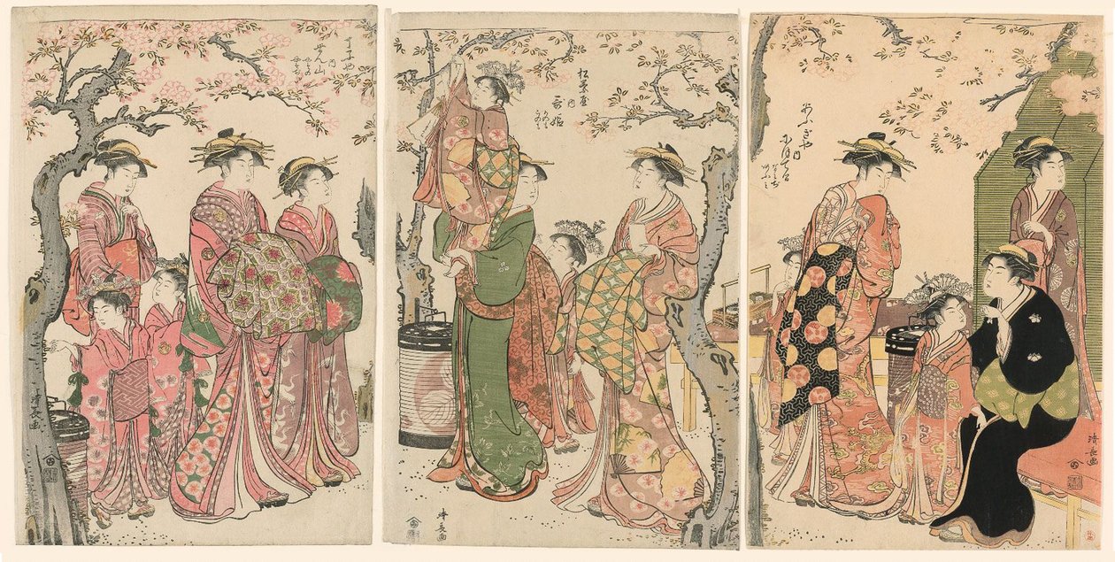 Cortesanas y sus Niños Asistentes bajo Cerezos en Flor de Torii Kiyonaga