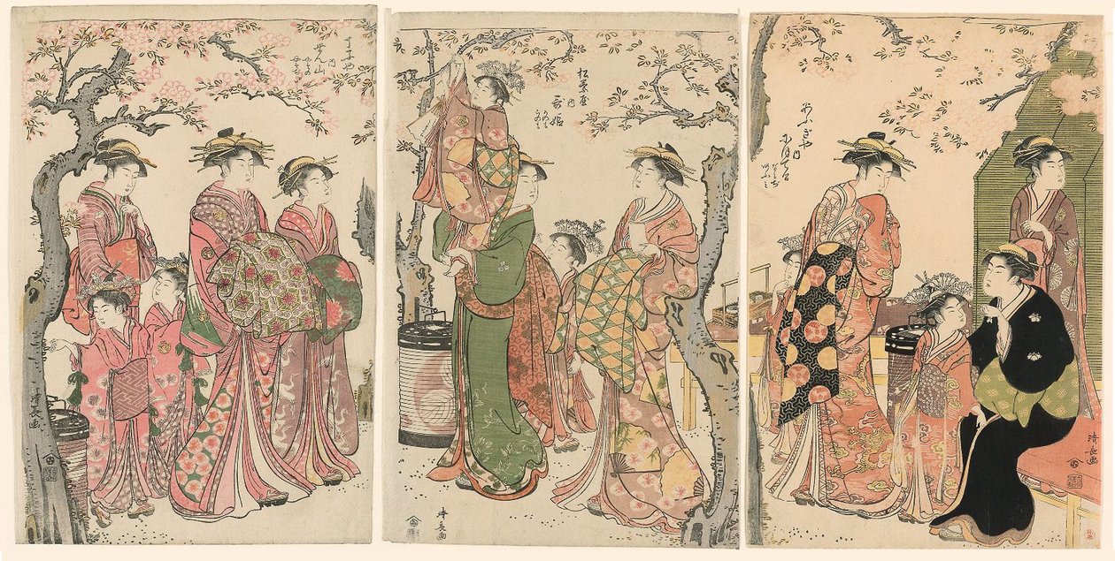 Cortesanas y sus niños asistentes bajo los cerezos en flor de Torii Kiyonaga