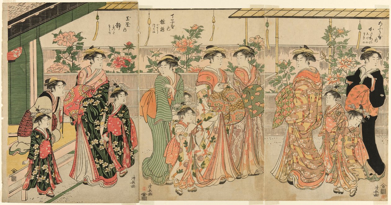 Cortesanas de Yoshiwara y sus asistentes viendo las peonías en Nakanocho de Torii Kiyonaga