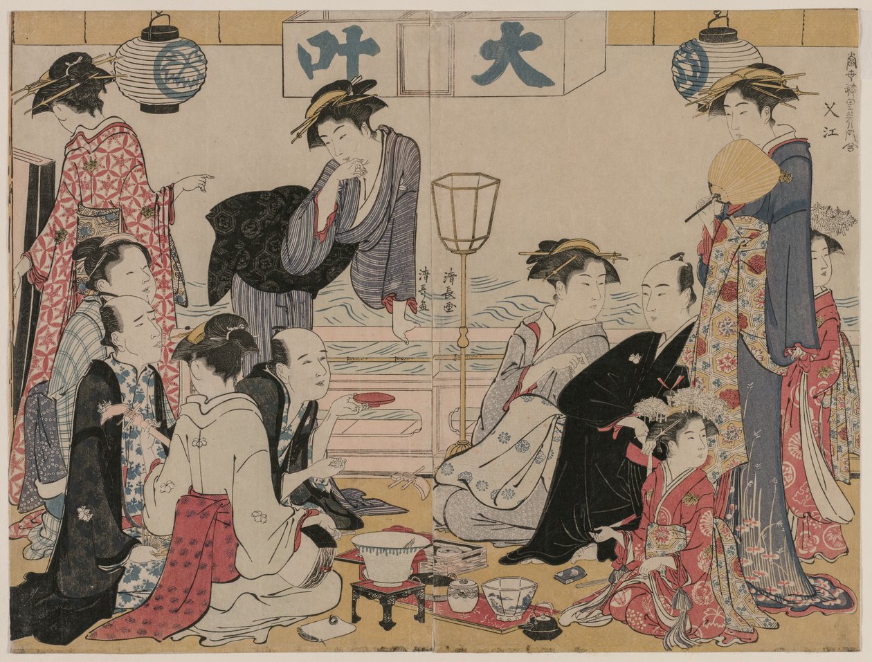 Entretenimiento en un balcón junto al agua en Nakasu, de la serie, Una colección de bellas mujeres modernas de los barrios del placer de Torii Kiyonaga