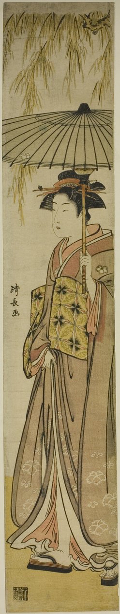 Geisha llevando una sombrilla bajo un sauce de Torii Kiyonaga
