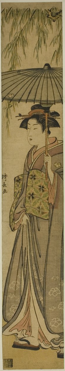Geisha Llevando una Sombrilla bajo un Árbol de Sauce de Torii Kiyonaga
