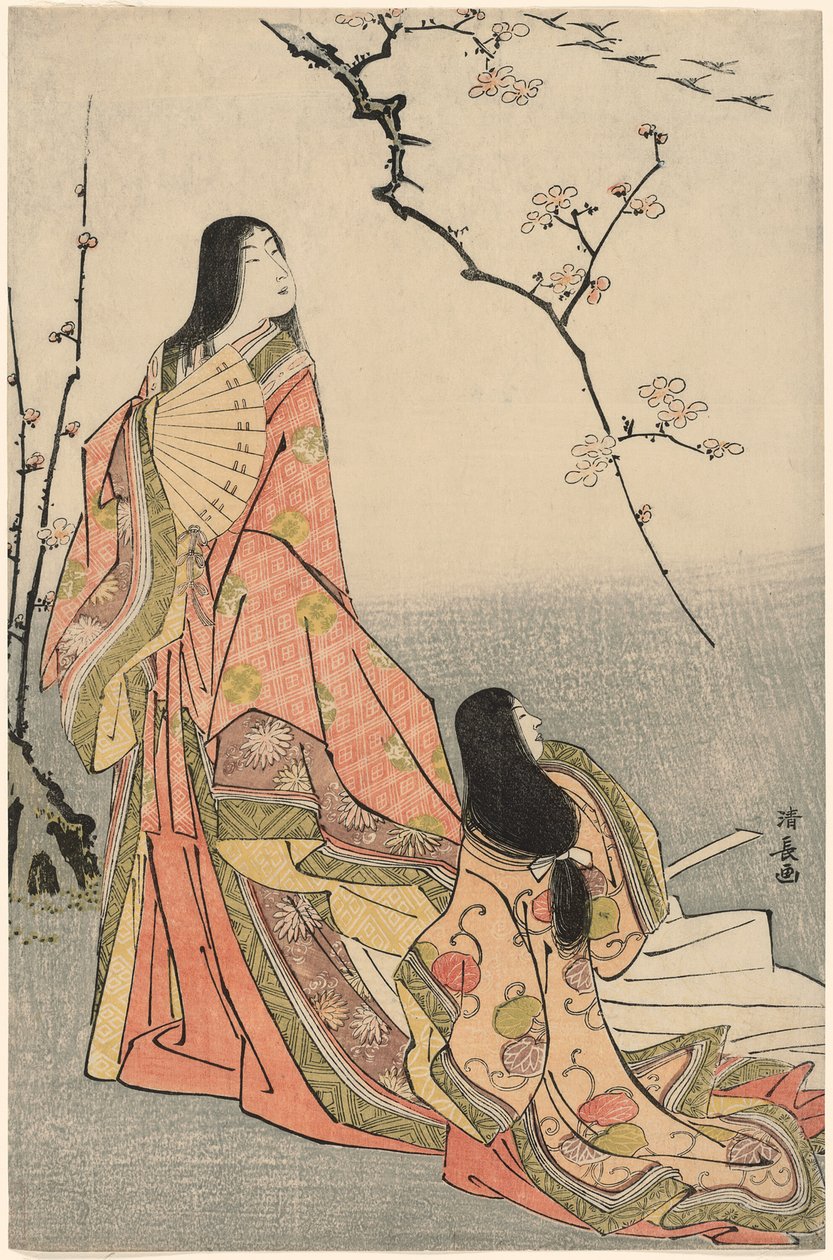 Ise observando una bandada de gansos, de una serie sin título de damas de la corte de Torii Kiyonaga