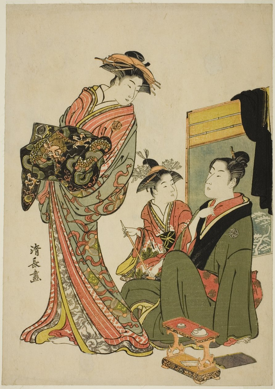 El actor Nakamura Riko con una cortesana, de una serie sin título de impresiones aiban que representan actores en la vida privada de Torii Kiyonaga