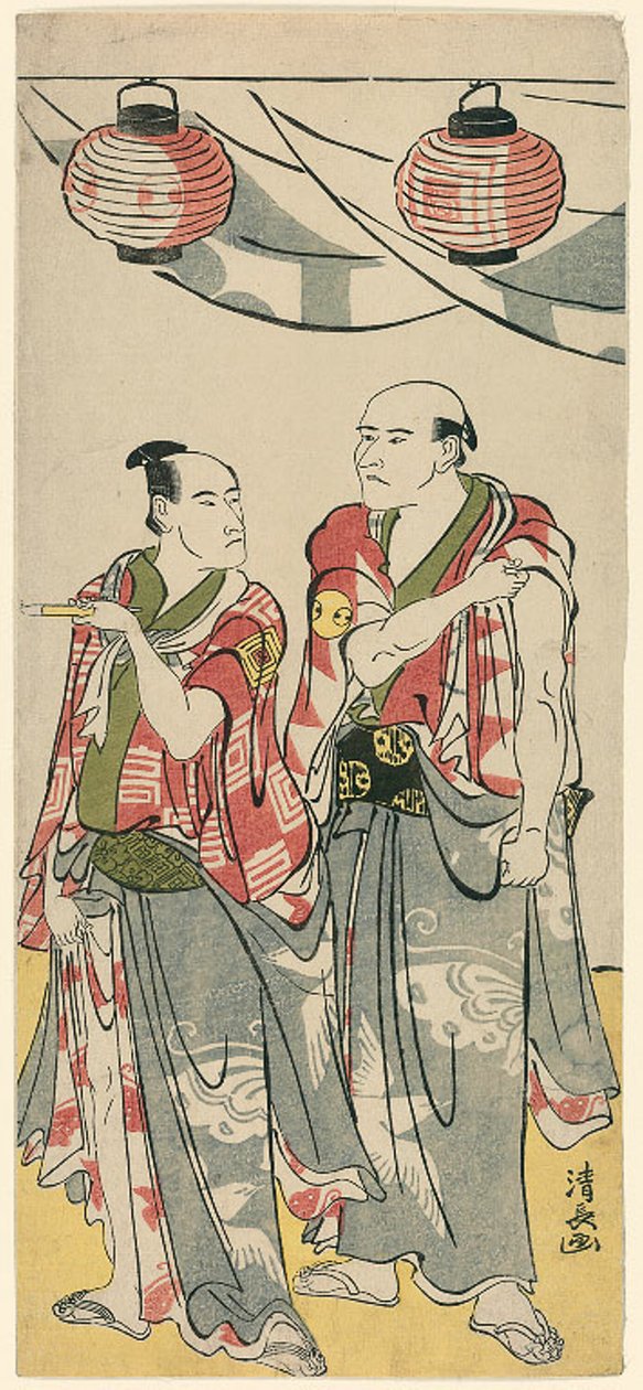 Los Actores Arashi Ryuzo II e Ichikawa Komazo III, de un pentaptych de once actores celebrando el festival del santuario de los hermanos Soga de Torii Kiyonaga