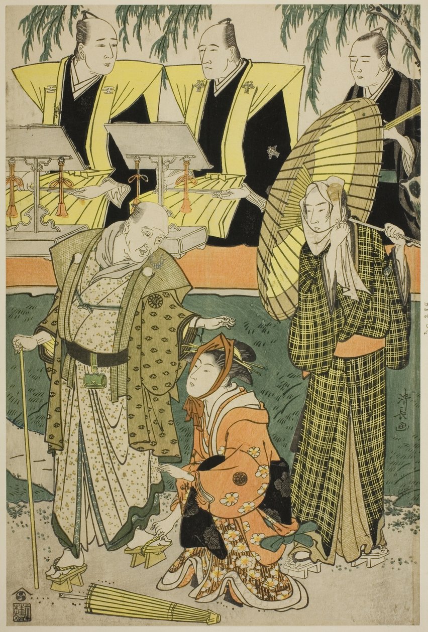 Los Actores Bando Matakuro IV como Chubei, Osagawa Tsuneyo II como Umegawa, y Nakamura Katsugoro como Magoemon, en la obra "Keisei Koibikyaku," representada en el Teatro Morita en el quinto mes, 1783 de Torii Kiyonaga