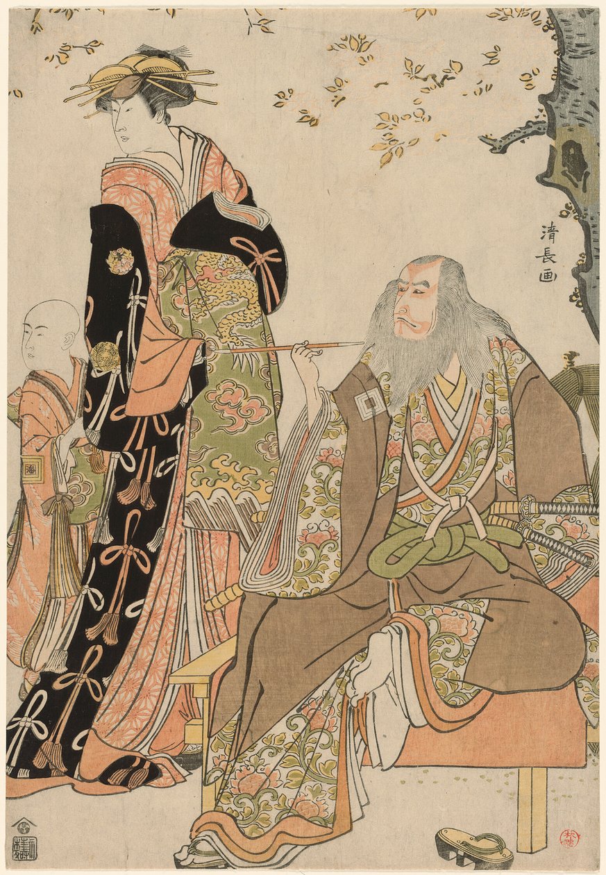 Los actores Ichikawa Danjuro V como Hige no Ikyu, Nakamura Riko como Agemaki, e Ichikawa Ebizo como asistente de Agemaki en la obra "Sukeroku Yukari no Edozakura" en el Teatro Nakamura en el tercer mes de 1784. de Torii Kiyonaga