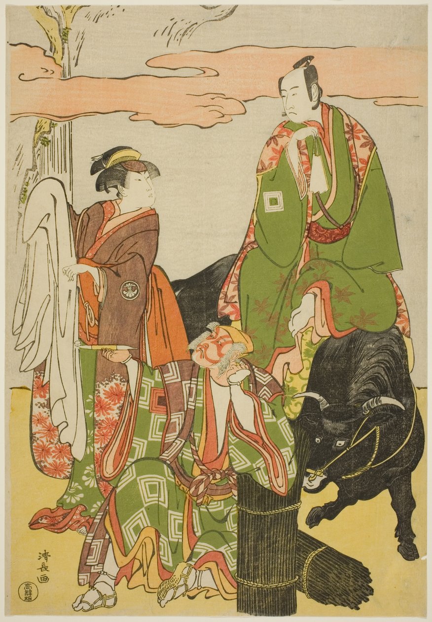 Los actores Ichikawa Monnosuke II como Miyukinosuke, Segawa Kikunojo III como Hatsune-hime, e Ichikawa Danjuro V como Ninnaji no Saibei, en el joruri "Shitenno Oe no Yamairi," representado en el Teatro Kiri en el undécimo mes, 1785 de Torii Kiyonaga