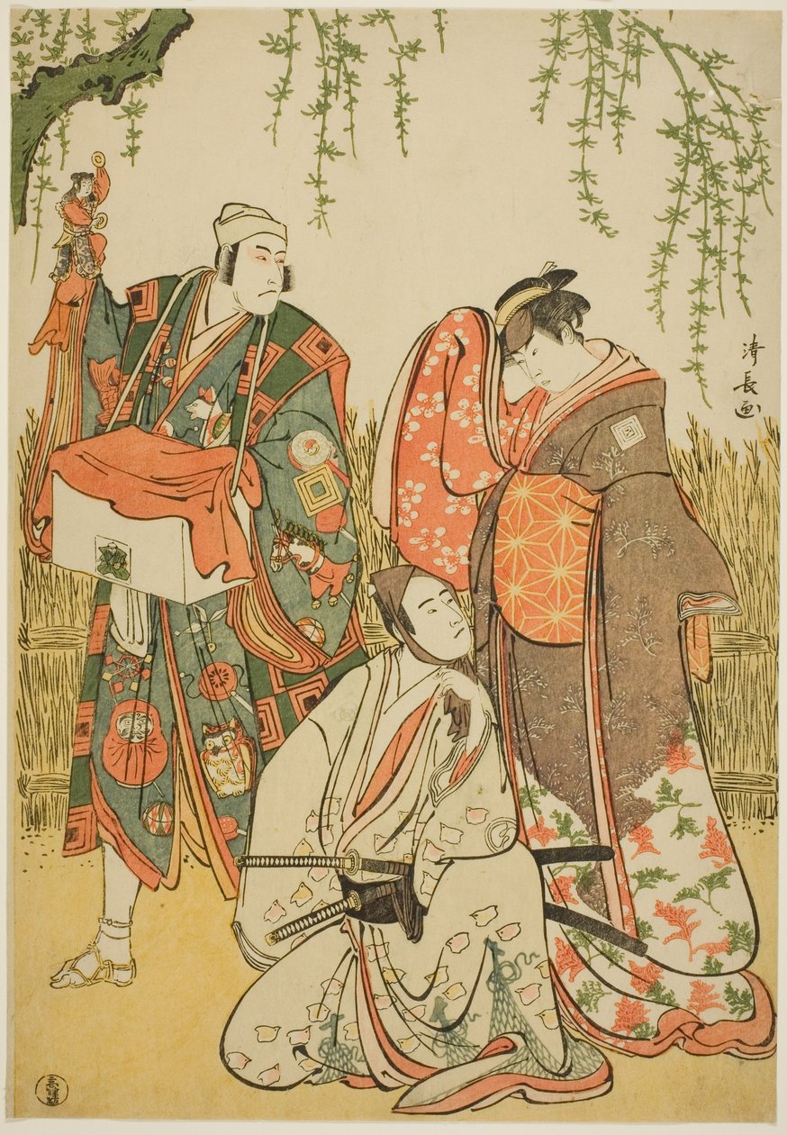 Los actores Ichikawa Yaozo III como Shiragiku, Ichikawa Danjuro V como el titiritero Dekurokubei, y Sawamura Sojuro III como Soga no Juro, en el joruri "Shinobukoi Yanagi no Katsura Otoko," representado en el Teatro Nakamura en el primer mes, 1785 de Torii Kiyonaga