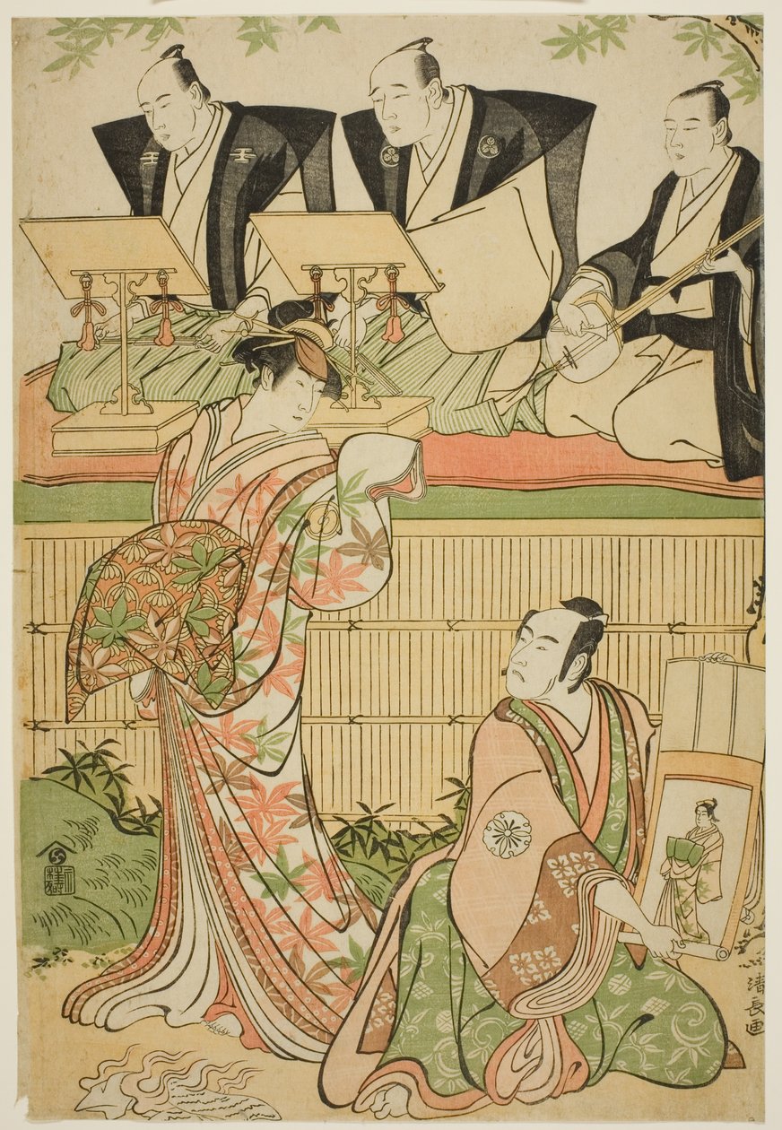 Los actores Matsumoto Koshiro IV como Ukita Sakingo y Sawamura Sojuro III como el fantasma de la cortesana Takao, en la obra "Ominaeshi Sugata no Hatsuaki," representada en el Teatro Nakamura, 1788 de Torii Kiyonaga