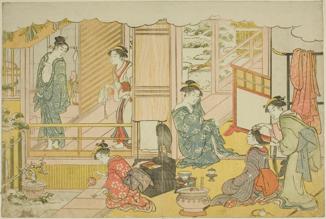 El primer baño del año nuevo, del libro ilustrado "Colores del triple amanecer" de Torii Kiyonaga