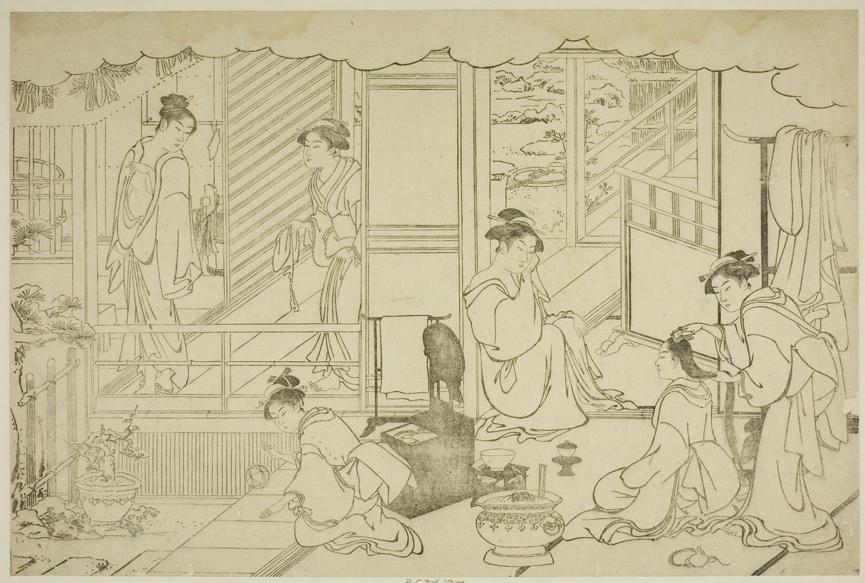 El primer baño del año nuevo (Yudono hajime), del libro ilustrado "Colores del triple amanecer (Saishiki mitsu no asa)" de Torii Kiyonaga