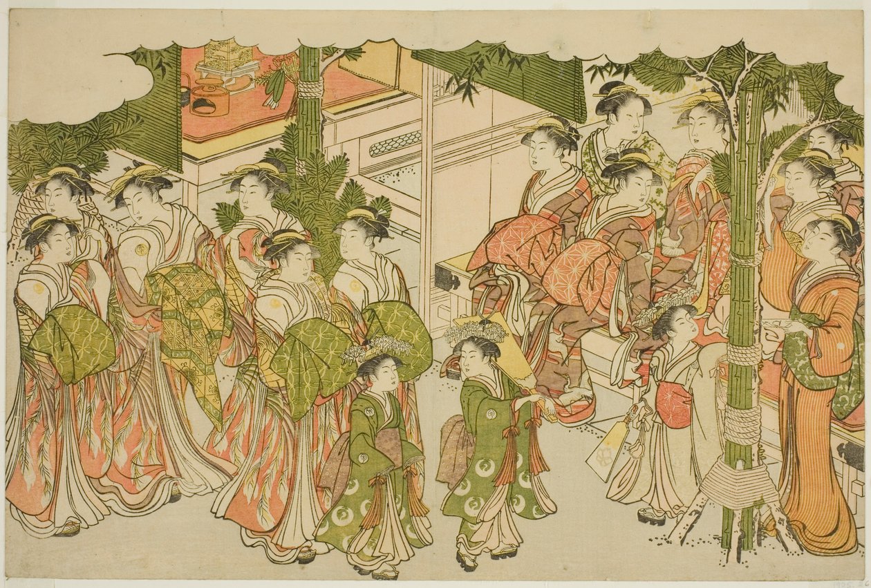 Las primeras prendas del año nuevo, del libro ilustrado "Colores del triple amanecer" de Torii Kiyonaga