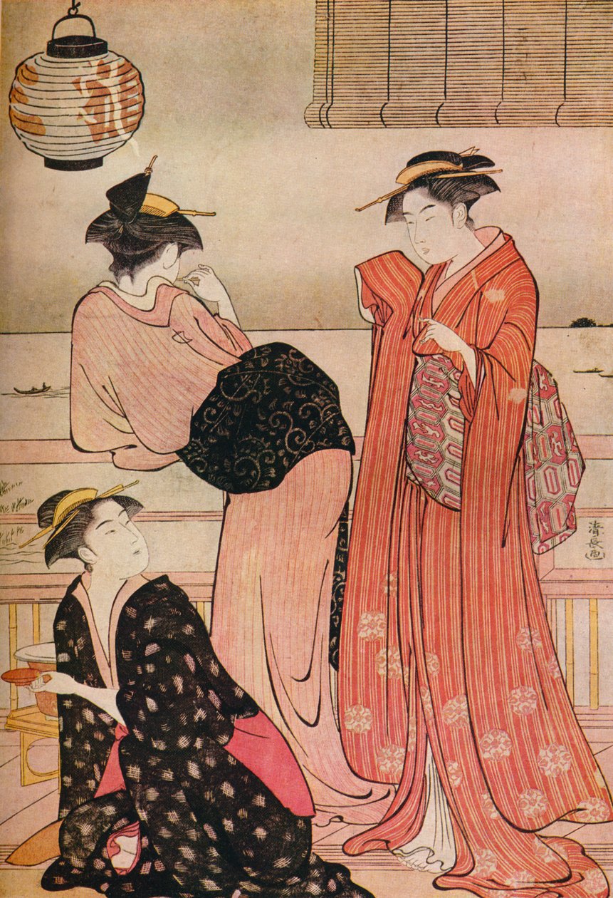 Tres chicas en la veranda de una casa de té con vista a la bahía de Edo en Shinagawa, c1752-1815 de Torii Kiyonaga
