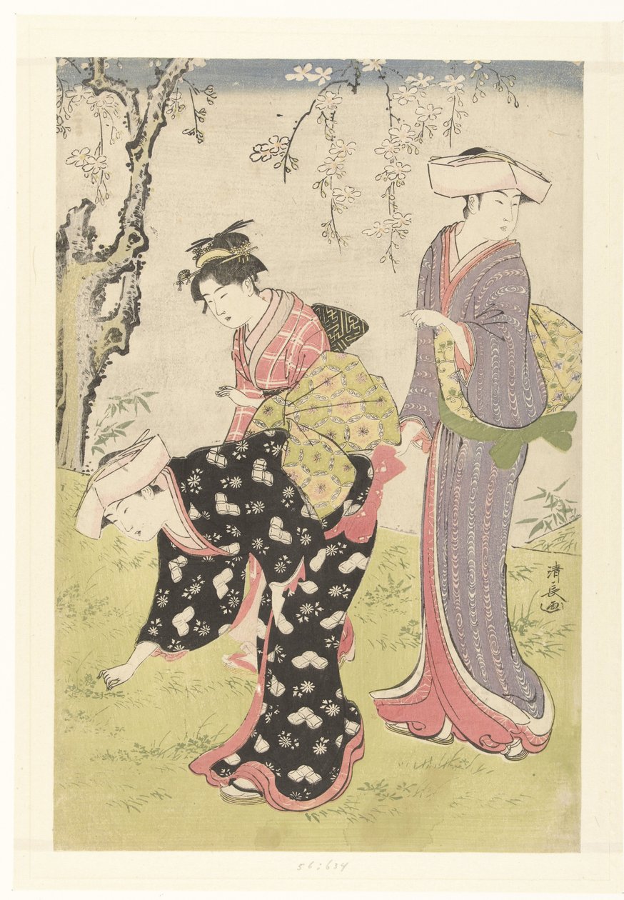 Dos mujeres y una niña bajo un cerezo en flor Brocados con usos y costumbres en Oriente (título de la serie) Fuzoku Azuma no Nishiki (título de la serie) de Torii Kiyonaga